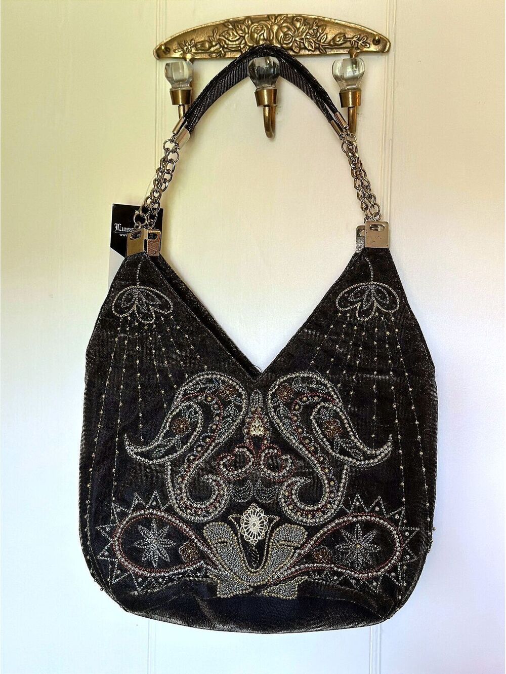 NWT Lusso Style Gold Metallic Beaded Hobo Bag Chain Strap Paisley